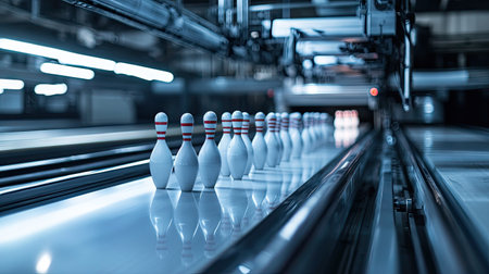 Bowling pins being placed with a mechanical device, perfectly spaced on a pristine laneの素材