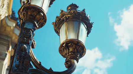 Close-up of a decorative street lamp with an antique finish, framed by a bright blue skyの素材