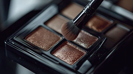 Close-up of an eyeshadow palette with metallic shades, and a brush gently picking up pigment on a sleek black surfaceの素材