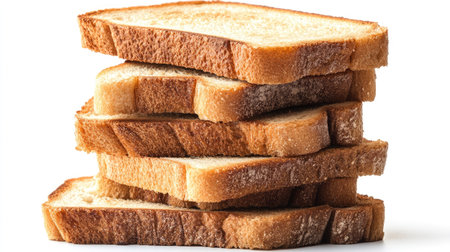 A stack of toast bread slices with golden-brown tops and light centers, isolated on a bright white backgroundの素材