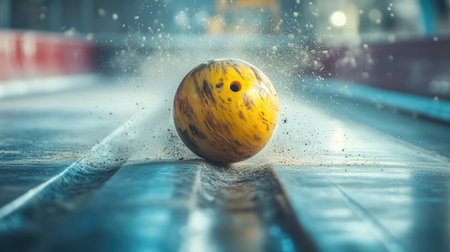 Bowling ball leaving a slight trail of dust behind it on the track, captured mid-roll with great clarity and intensityの素材
