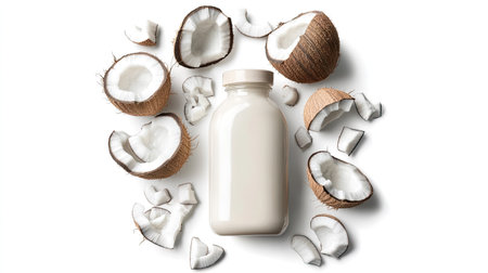 Bottle of fresh coconut milk surrounded by cracked coconuts and coconut chunks on a plain white backgroundの素材