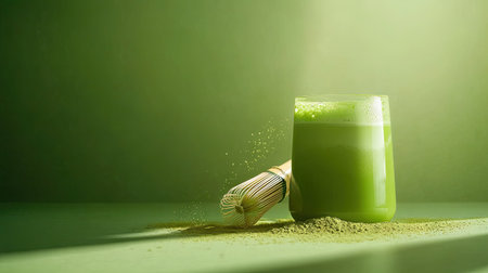 A vibrant glass of green matcha tea on a matching green surface, with a subtle sprinkle of matcha powder and bamboo whisk, offering a calming sceneの素材