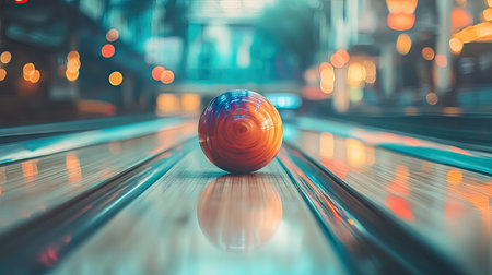 Bowling ball in mid-roll with a blurred background, showing the clean wooden track and colorful lane detailsの素材