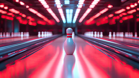 Bowling pins being placed with a mechanical device, perfectly spaced on a pristine laneの素材