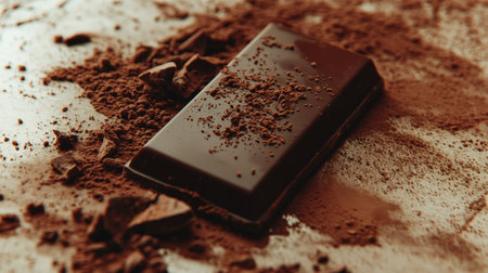 Close-up of a dark chocolate bar with a rich glossy surface, with crumbs and cacao powder scattered around on a light backgroundの素材