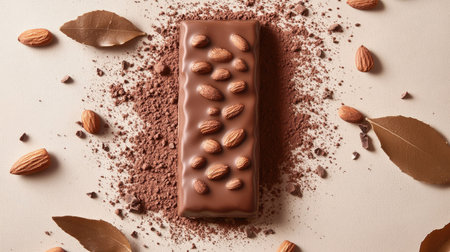 Close-up of a chocolate bar with almond chunks, surrounded by rich cocoa powder and cocoa nibs on a light-colored backgroundの素材