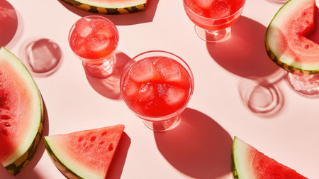 Chilled glasses of watermelon slushie with vibrant red color, surrounded by slices of watermelon on a light backdropの素材