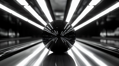 Close-up of a bowling ball's glossy surface as it rolls down the track, with reflections from overhead lights adding to the shineの素材