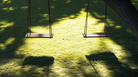 A swing set casting playful shadows onto the grass during a sunny morning in the parkの素材