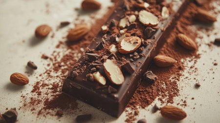 Close-up of a chocolate bar with almond chunks, surrounded by rich cocoa powder and cocoa nibs on a light-colored backgroundの素材