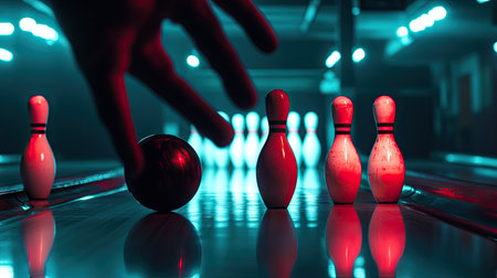 Close-up of a hand positioning the last pin in the set, with a bowling ball visible nearbyの素材