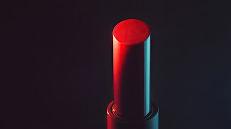 Close-up of a red lipstick tube, its cap off, with a soft glow accentuating the color against the dark backgroundの素材