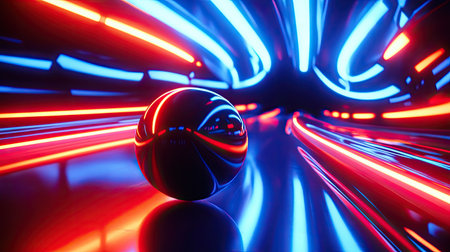 Close-up of a bowling ball rolling down the shiny track, with focused motion blurring and bright lane lights in the backgroundの素材