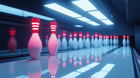 Bowling pins being precisely arranged under bright fluorescent lights, ready for the next frameの素材