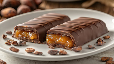 Close-up of a rich chocolate bar broken into pieces, revealing gooey caramel inside, placed on a white plate with cocoa beans scatteredの素材