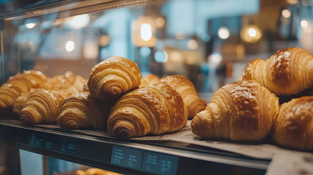 Close-up of a pile of croissants on a bakery shelf, with their golden crusts catching the light beautifullyの素材