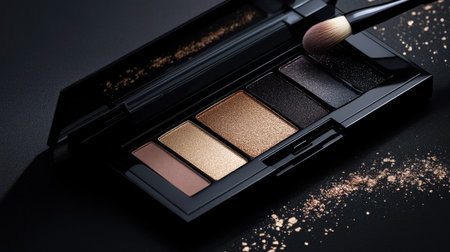 Close-up of an eyeshadow palette with metallic shades, and a brush gently picking up pigment on a sleek black surfaceの素材