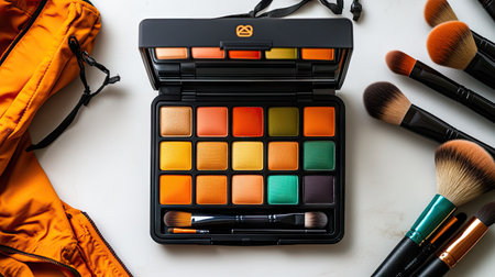 Close-up of an open eyeshadow palette with vibrant shades, surrounded by makeup brushes on a clean white surfaceの素材