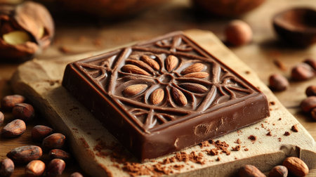 Close-up of a perfectly square chocolate bar with hazelnuts, on a light wooden surface with a few scattered cocoa beansの素材