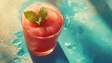 Close-up of a glass of vibrant watermelon slushie with condensation and a garnish of mint on a light, summery backgroundの素材