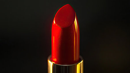 Close-up of a red lipstick tube, its cap off, with a soft glow accentuating the color against the dark backgroundの素材