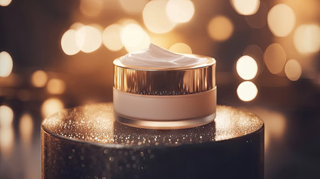 Close-up of a luxurious crme lotion bottle on a stylish podium with soft lighting, ready for a product advertisement or beauty marketing mockupの素材