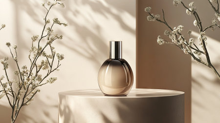 Close-up of a crme lotion bottle on a podium with soft diffused light highlighting the sleek, modern design of the cosmetic packagingの素材