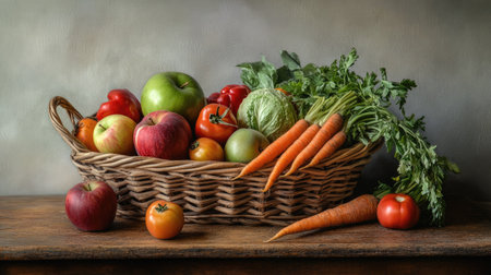 A rustic wooden basket filled with an assortment of fresh vegetables and fruits, including apples, carrots, and tomatoes, resting on a wooden table.の素材