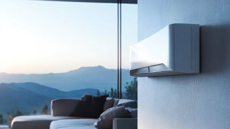 A sleek white air conditioner unit mounted on a modern living room wall, with a minimalist design and cozy furniture below.の素材