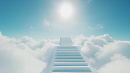 A serene white stairway rising into the clouds, surrounded by a bright blue sky and soft sunlight.の素材