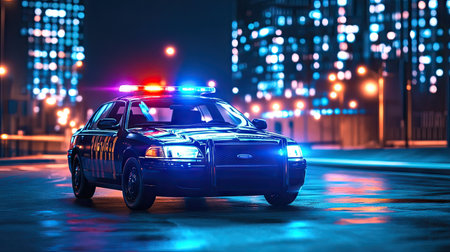 A police car with flashing lights parked in front of a city building at night, with empty streets and glowing windows in the background.の素材