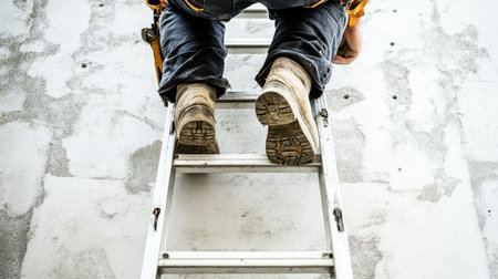 A professional contractor climbing a ladder with safety shoes and a tool belt in a partially built home.の素材