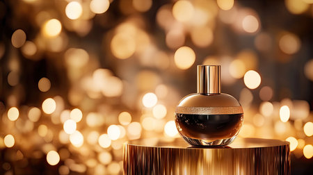 A product elegantly displayed on a golden pedestal, with a shimmering backdrop of soft bokeh lights creating a glamorous atmosphere.の素材