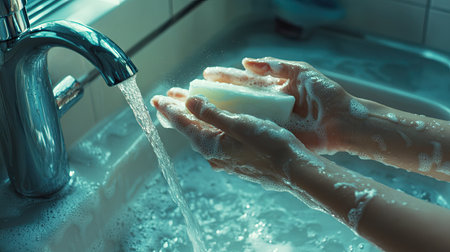 A person washing their hands with soap under a gentle stream of running water, with a soft-focus background of a clean sink.の素材
