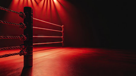 A red-corner boxing ring post and ropes, glowing under a stark spotlight in an empty venue.の素材