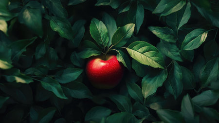 A ripe red apple on a bed of green leaves, with light and shadow creating a natural texture.の素材