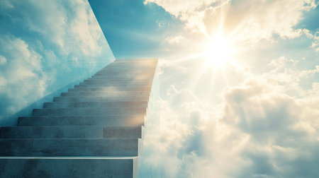 A stairway made of glass and steel stretching upward into a cloudy sky with soft sunbeams breaking through.の素材