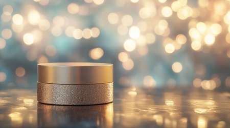 A product elegantly displayed on a golden pedestal, with a shimmering backdrop of soft bokeh lights creating a glamorous atmosphere.の素材