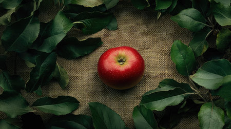 A single red apple surrounded by green leaves, placed on a rustic burlap surface.の素材