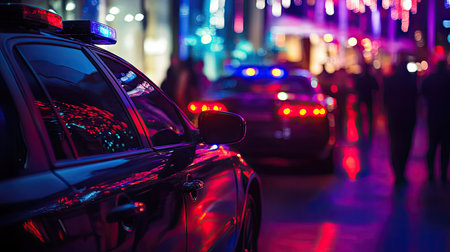 A scene showing a police car's red and blue lights flashing as it sits in front of a busy city club, with nightlife activity around it.の素材