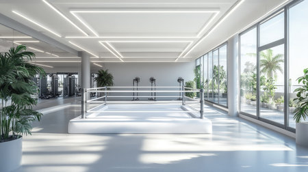 A pristine white boxing ring in an upscale gym with sleek, modern interiors and natural light.の素材