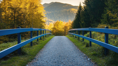 A sleek bleu aluminum fence running through a scenic forest path, leading to a distant mountain range with the morning sun rising.の素材