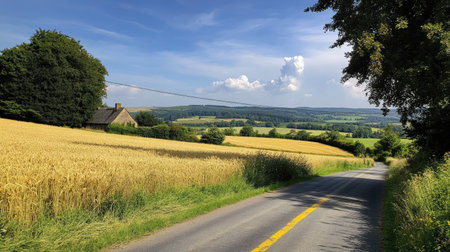 A quiet country road with yellow lines running through golden fields of wheat and a farmhouse in the distance.の素材