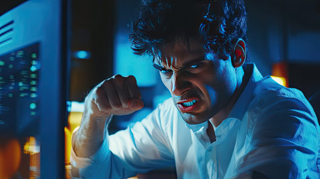 A professional in a stressful work environment clenches his fist in anger while staring at a computer screen.の素材