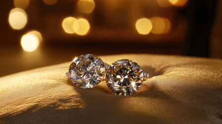 A shot of two sparkling diamond rings with fine detailing, lying on a plush cushion with ambient light.の素材