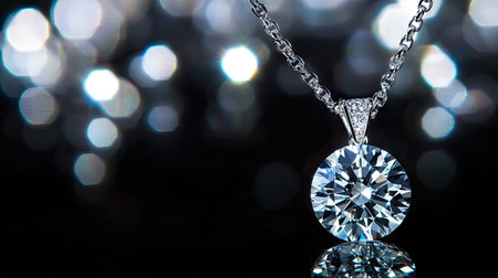 A stunning diamond pendant necklace glowing softly under delicate lighting, placed on a reflective black surface.の素材