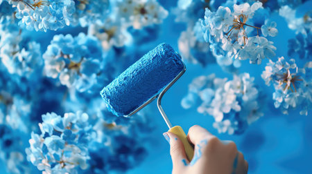 A roller loaded with blue paint, held by a hand, creating a smooth coat on a ceiling.の素材