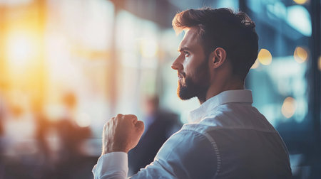 A side profile of a man clenching his fist, with a blurred background of a busy office.の素材