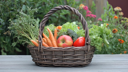 A rustic wooden basket filled with an assortment of fresh vegetables and fruits, including apples, carrots, and tomatoes, resting on a wooden table.の素材